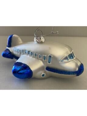 St. Nicholas Square Around the World Silver Airplane Glass Ornament (4.25" L)